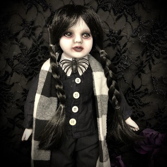 OOAK Creepy Odd 16” Wednesday Addams Halloween Inspired Artist Fan Art Doll - Picture 10 of 16